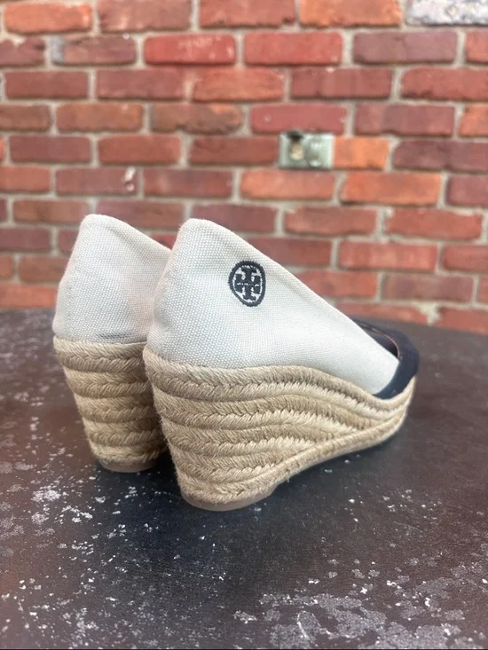 Tory Burch Women’s Black Espadrille Platform Peep-Toe Wedges size 9.5 - Picture 6 of 8